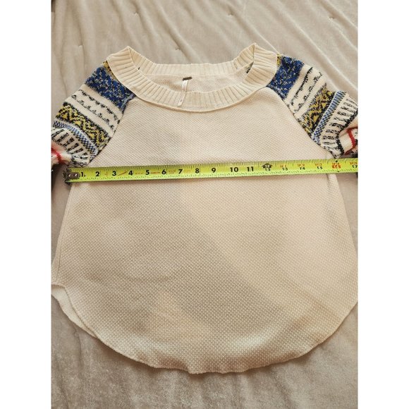 Free People Sweater - aztec colorful sleeve waffle knit cream long sleeve top xs - Picture 9 of 10